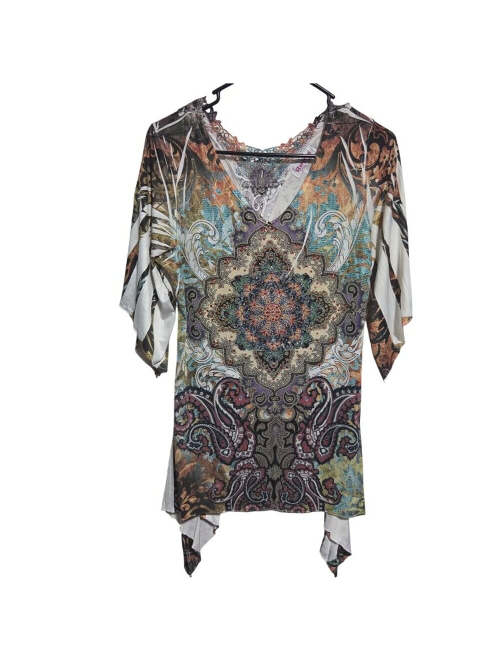 Reina Paisley Rhinestone Tunic Top Womens Size 2 Lace Neckline Handkerchief Hem